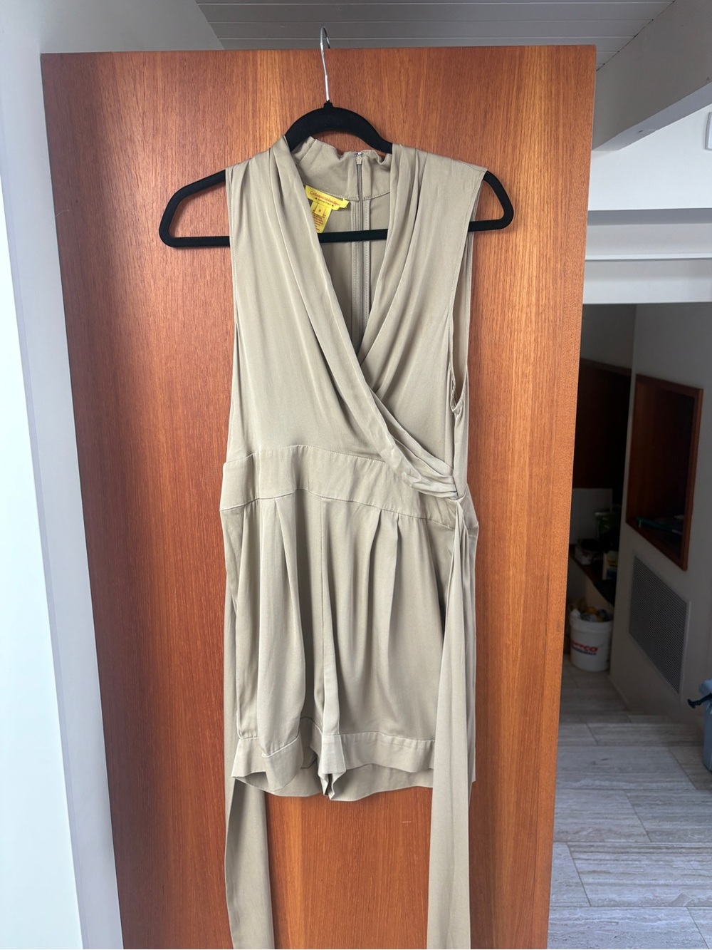 Catherine Malandrino 100% silk, soft gold, V-neck, sleeveless shorts romper.